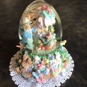 Vintage Easter musical snow globe/egg bunnies flowers spring butterflies birds